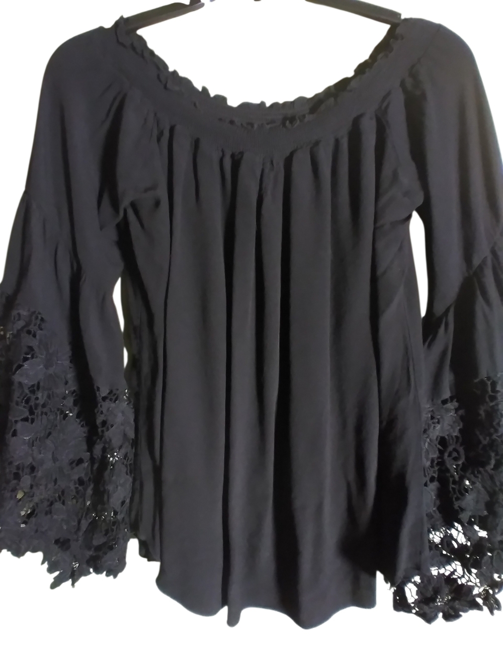 Nuche Muchette Women's Black Peasant Top with Lace Bell Sleeves Boho Fairy OS